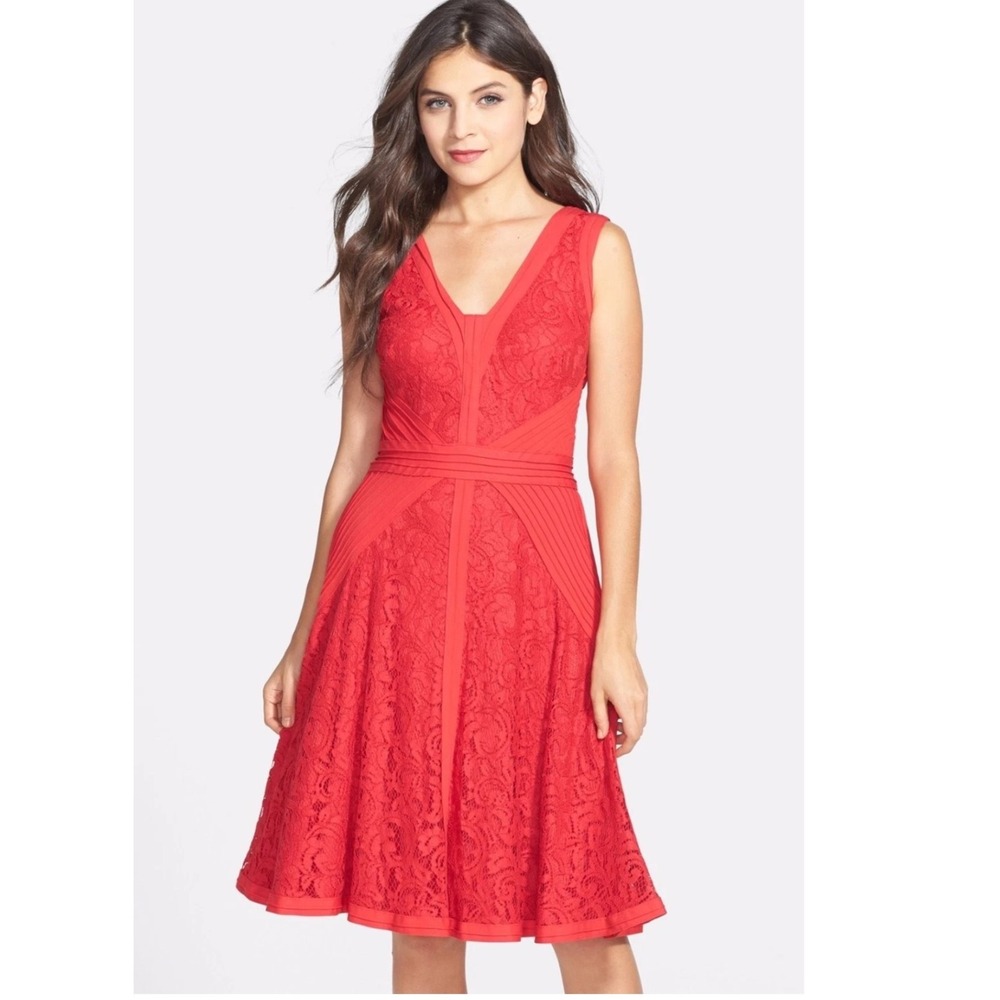 Tadashi Shoji Lace Fit & Flare Dress Women 12 Red V-Neck Sleeveless Pintuck